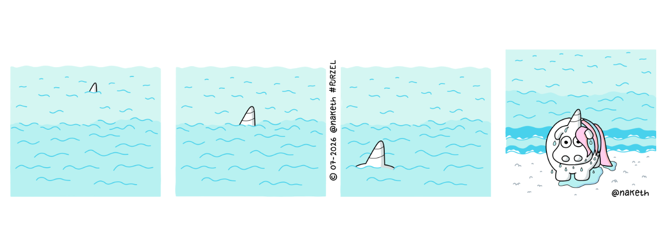 Das Meer und mitten drin sticht eine Flosse heraus. Die Flosse kommt näher und näher bis ein Teil des Körpers sichtbar wird. Ein Hai? Purzel steigt aus dem Wasser. Nein, es war nur Purzels Horn.
