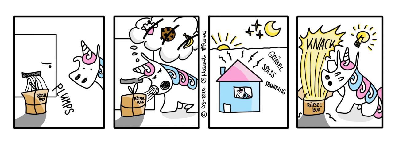 Webcomic mit dem Titel Rätsel. Eine Rätselbox plumpst durch den Briefschlitz. Purzel rätselt den ganzen Tag, was drin sein könnte, bevor er sie öffnet.