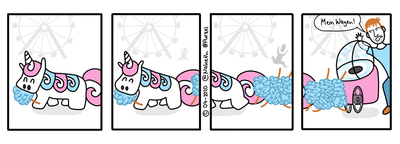 Webcomic mit dem Titel Zuckerwatte. Purzel isst Zuckerwatte auf dem Rummel und läuft durchs Panel. Im Hintergrund rennt ihm jemand nach. Es ist der Besitzer des Zuckerwattenwagens, der seinem Wagen nachjagt. Dieser klebt mit einigen Zuckerwatten an Purzels Schweif.