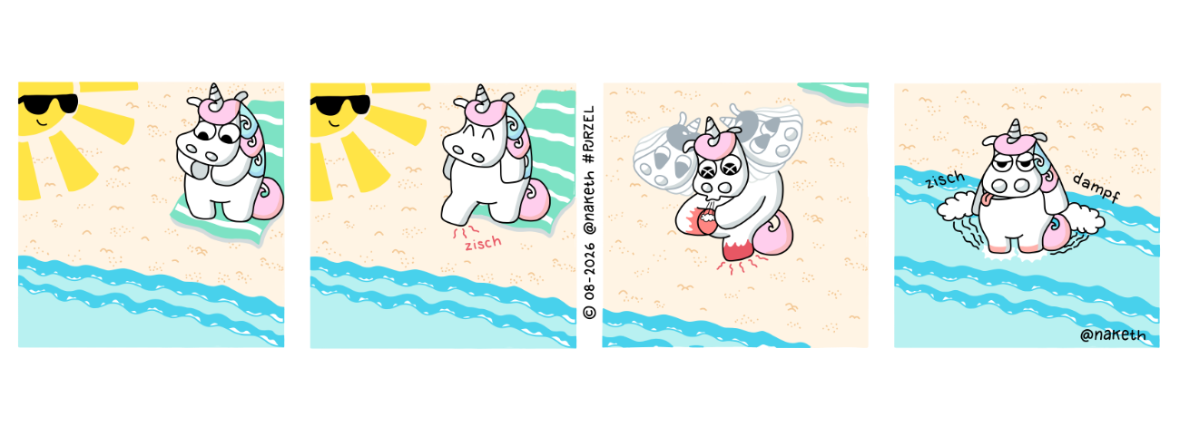Purzel steht auf einem Tuch am Strand und blickt aufs Meer. Er setzt einen ersten Huf in den Sand und schon zischt es. Je weiter er geht, desto mehr brennen seine Füsse. Schliesslich springt er ins Meer und seine Füsse zischen laut, als sie sich abkühlen.