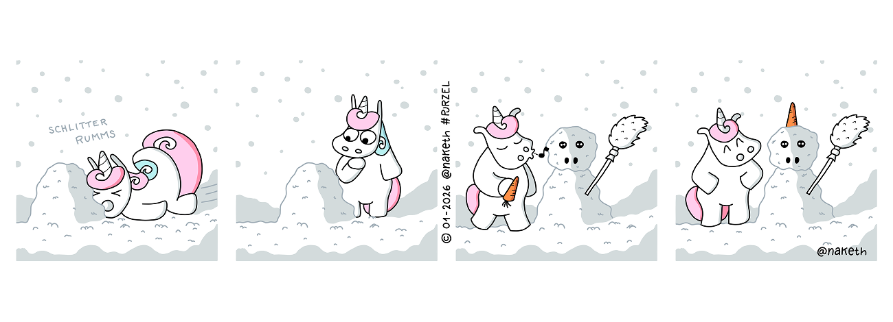 Webcomic mit dem Titel: Schnee Purzel. Purzel schlittert einen Hügel hinab und knallt in einen Schneehaufen. Er steht auf und begutachtet den Schneehaufen, da kommt ihm eine Idee. Er steckt einen Besen in den Haufen, fügt einen kleineren Haufen oben hinzu, an welchem er Knöpfe und Steine anbringt für das Gesicht. Zum Schluss holt er eine Rübe, die kommt natürlich ... auf den Kopf! Und fertig ist der Schnee-Purzel.