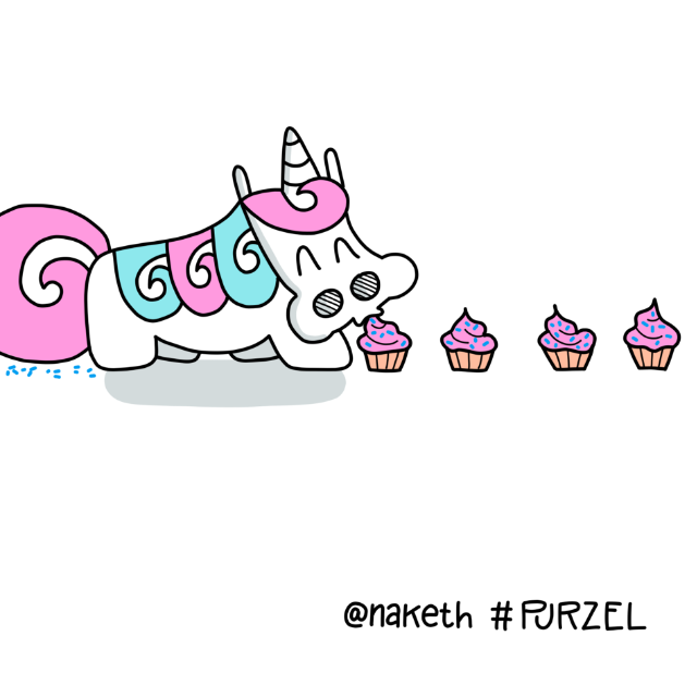 Wallpaper mit Purzel, der einer Cupcake Spur folgt und sie alle auffisst.