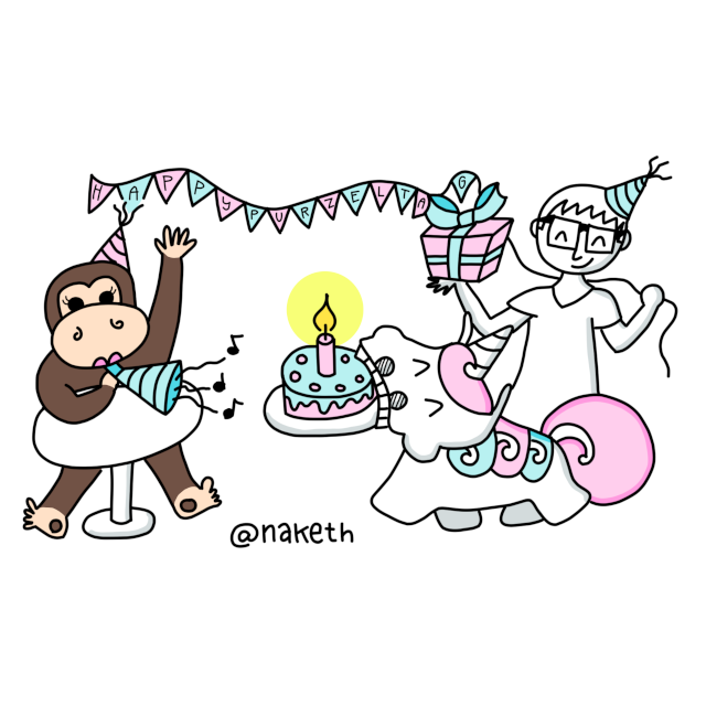 Zeichnung einer Purzeltagsparty mit Naketh, Purzel und einer Twitter-Nutzerin, die ihrem Avatarbild entsprechend als Affe dargestellt ist.