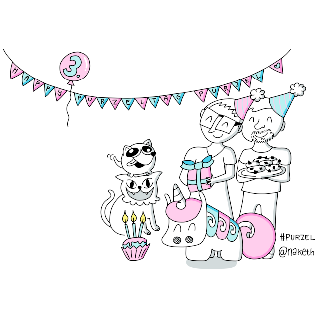 Zeichnung von Purzels 3. Purzeltag. Er feiert mit Naketh, Oyu, Nakeths Partner, Keks der Katze und Rolli dem Hund.